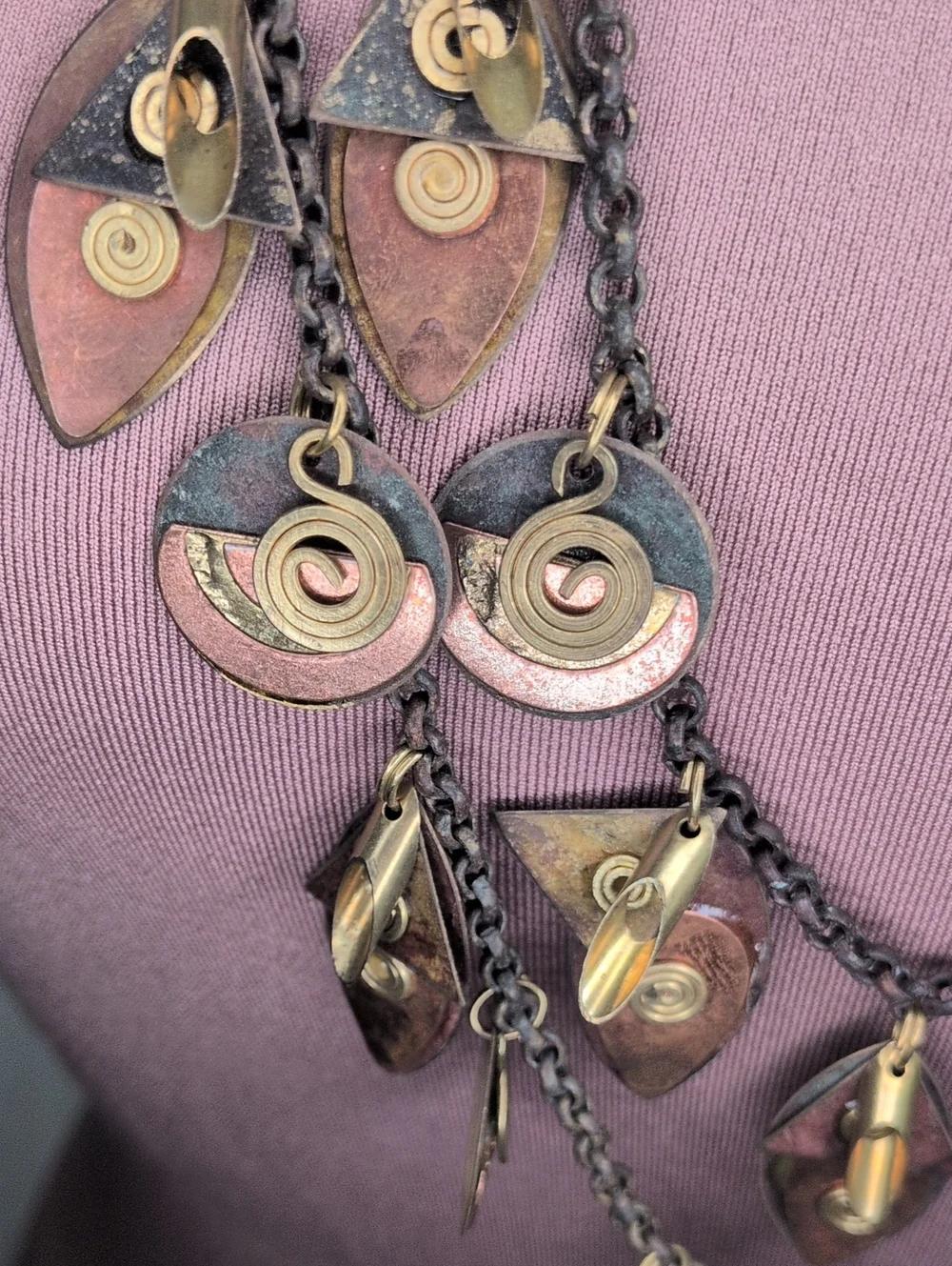 Vintage 80 Brutalist Mixed Metal Layered Statement Necklace Brass Copper - As Is